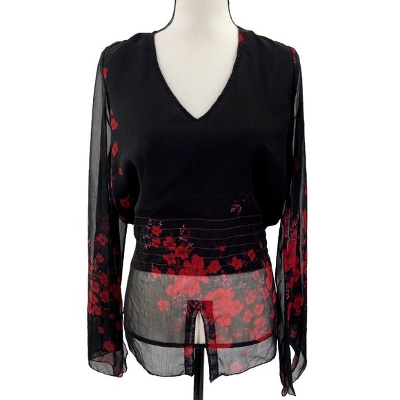 Pink Girl Sz 1X Top Black Red Floral Sheer Chiffon Bell Sleeve Tie Lined *READ* - Picture 1 of 10